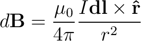 $\displaystyle d{\bf B} = \frac{\mu_0}{4 \pi}\frac{I {\bf dl} \times {\bf\hat{r}}}{r^2} $