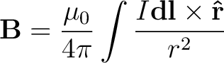 $\displaystyle {\bf B} = \frac{\mu_0}{4 \pi} \int \frac{I {\bf dl} \times {\bf\hat{r}}}{r^2} $