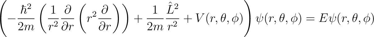 $\displaystyle \left(-\frac{\hbar^2}{2m}\left({1 \over r^2} {\partial\over\parti... ...}{r^2}+V(r, \theta, \phi)\right)\psi(r, \theta, \phi) = E\psi(r, \theta, \phi) $