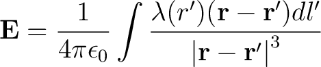 $\displaystyle {\bf E} = \frac{1}{4 \pi \epsilon_0} \int \frac{\lambda(r')({\bf r} - {\bf r'}) dl'}{\left \vert{\bf r} - {\bf r'} \right \vert^3}$