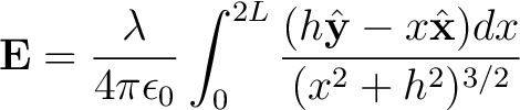 $\displaystyle {\bf E} = \frac{\lambda}{4 \pi \epsilon_0} \int_{0}^{2L} \frac{(h \hat{{\bf y}} - x \hat{{\bf x}}) dx}{(x^2 + h^2)^{3/2} }$