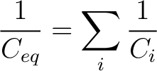 $\displaystyle \frac{1}{C_{eq}} = \sum_i \frac{1}{C_i}$