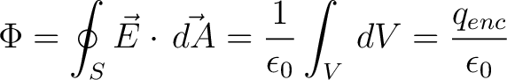 $\displaystyle \Phi = \oint_S \vec{E} \cdot \,\vec{dA} = \frac{1}{\epsilon_0}\int_V \,dV = \frac{q_{enc}}{\epsilon_0} $