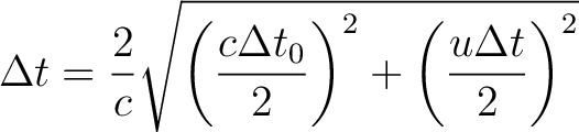 $\displaystyle \Delta t=\frac{2}{c}\sqrt{\left(\frac{c\Delta t_0}{2}\right)^2 + \left(\frac{u\Delta t}{2}\right)^2}$