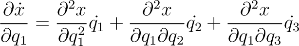 $\displaystyle \frac{\partial \dot{x}}{\partial q_1} = \frac{\partial^2 x}{\part... ...tial q_2} \dot{q_2} + \frac{\partial^2 x}{\partial q_1 \partial q_3} \dot{q_3} $