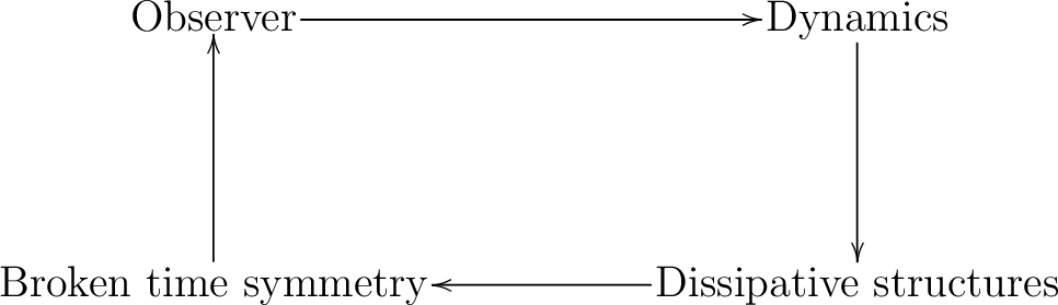 $\displaystyle \xymatrix@M=0.1pc @=5pc{& {\text{Observer}} \ar[r] & {\text{Dynam... ... &{\text{Broken time symmetry}} \ar[u] & \text{Dissipative structures} \ar[l] }$