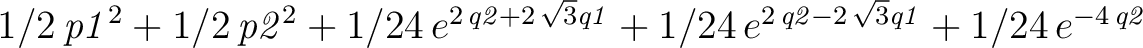 \begin{maplelatex}\mapleinline{inert}{2d}{%H := p1^2/2+p2^2/2+1/24*exp(2*q2+2*3^... ...,{\it q2}-2\,\sqrt {3}{\it q1}}}+1/24\,{e^{-4\,{\it q2}}}-1/8$} \end{maplelatex}