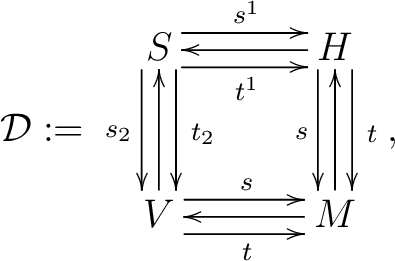 $\displaystyle \mathcal D:= \vcenter{\xymatrix @=3pc {S \ar @<1ex> [r] ^{s^1} \a... ... [d]_s \ V \ar [u] \ar @<1ex> [r] ^s \ar @<-1ex> [r] _t & M \ar [l] \ar[u]}},$