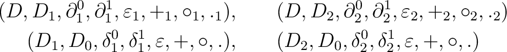 \begin{equation*}\begin{aligned}(D,D_1,\partial ^0_1 ,\partial ^1_1 , \varepsilo... ...lta^0_2 , \delta^1_2 , \varepsilon , + , \circ , .) \end{aligned}\end{equation*}