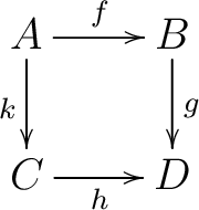 $\displaystyle \begin{xy} *!C\xybox{ \xymatrix{ {A}\ar[r]^{f}\ar[d]_{k}&{B}\ar[d]^{g}\ {C}\ar[r]_{h}&{D} } } \end{xy}$