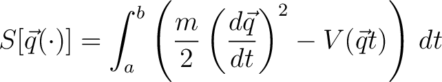 $\displaystyle S[{\vec q}(\cdot)] = \int_a^b \left( {m \over 2} \left( {d {\vec q} \over d t} \right)^2 - V({\vec q}t) \right) \, dt $