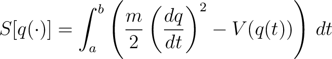 $\displaystyle S[q(\cdot)] = \int_a^b \left( {m \over 2} \left( {d q \over d t} \right)^2 - V(q(t)) \right) \, dt $