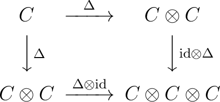 $\displaystyle \begin{CD} C @> \Delta >> C \otimes C \\ @VV \Delta V @VV {\rm id... ...ta V \\ C \otimes C @> \Delta \otimes {\rm id}>> C \otimes C \otimes C \end{CD}$