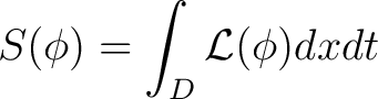 $S(\displaystyle \phi)=\int_{D}\mathcal{L}(\phi)dxdt$