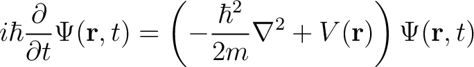 $\displaystyle i \hbar \frac{\partial }{\partial t} \Psi(\mathbf{r},t) = \left( -\frac{\hbar^2}{2m} \nabla^2 + V(\mathbf{r}) \right) \Psi(\mathbf{r},t)$