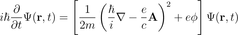 $\displaystyle i\hbar \frac{\partial}{\partial t} \Psi(\mathbf{r},t) = \left [ \... ...i} \nabla - \frac{e}{c} \mathbf{A} \right)^2 + e\phi \right] \Psi(\mathbf{r},t)$