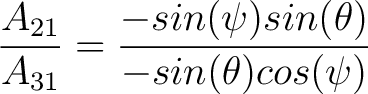 $\dfrac{A_{21}}{A_{31}} = \dfrac{-sin(\psi) sin(\theta)}{-sin(\theta) cos(\psi)}$