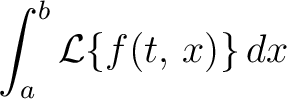 $\displaystyle{\int_a^b\mathcal{L}\{f(t,\,x)\}\,dx}$