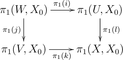 $\displaystyle \begin{xy} *!C\xybox{ \xymatrix{{\pi_1(W,X_0)}\ar [r]^{\pi_1(i)}\... ...d]^{\pi_1(l)} \ {\pi_1(V,X_0)}\ar [r]_{\pi_1(k)}& {\pi_1(X,X_0)} } } \end{xy}$