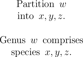 $\begin{matrix} \operatorname{Partition}\ w \ \operatorname{into}\ x, y, z. \\... ... \operatorname{comprises} \ \operatorname{species}\ x, y, z. \ \end{matrix}$