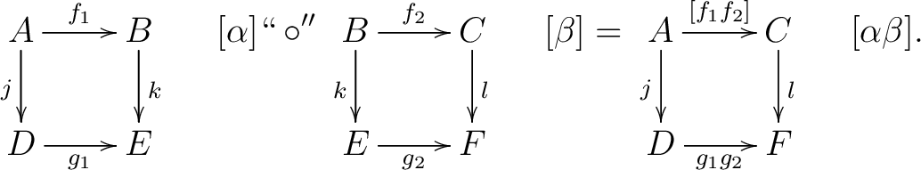 $\displaystyle \xymatrix{ {A}\ar[r]^{f_1}\ar[d]_{j}&{B}\ar[d]^{k}\ {D}\ar[r]_{... ...f_1f_2]}\ar[d]_{j}&{C}\ar[d]^{l}\ {D}\ar[r]_{g_1g_2}&{F}} ~~~~[\alpha \beta].$