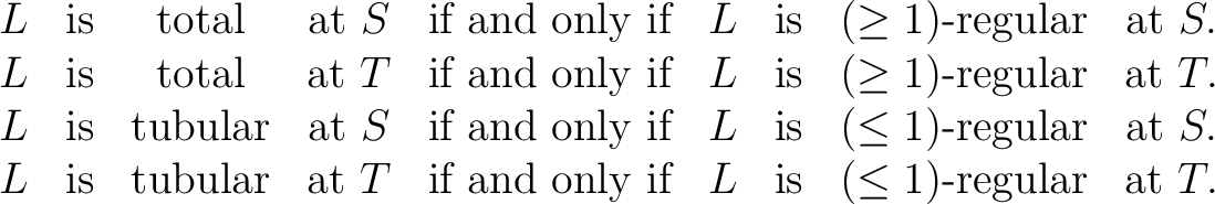 $\displaystyle \begin{array}{ccccccccc} L & \text{is} & \text{total} & \text{at}... ... if} & L & \text{is} & (\le 1)\text{-regular} & \text{at}\ T . \ \end{array} $