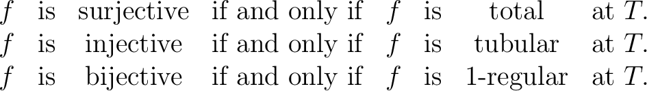 $\displaystyle \begin{array}{cccccccc} f & \text{is} & \text{surjective} & \text... ...nd only if} & f & \text{is} & 1\text{-regular} & \text{at}\ T. \ \end{array} $