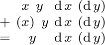 $\begin{smallmatrix} & x\ y & \operatorname{d}x & (\operatorname{d}y) \ + & (x... ...{d}y) \ = & y & \operatorname{d}x & (\operatorname{d}y) \ \end{smallmatrix}$