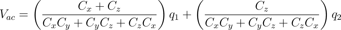 $\displaystyle V_{ac} = \left( \frac{C_x + C_z}{C_xC_y + C_yC_z + C_zC_x}\right)q_1 + \left( \frac{C_z}{C_xC_y + C_yC_z + C_zC_x}\right)q_2$