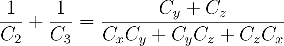 $\displaystyle \frac{1}{C_2} + \frac{1}{C_3} = \frac{C_y + C_z}{C_xC_y + C_yC_z + C_zC_x}$