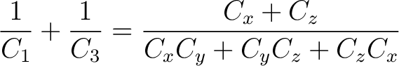 $\displaystyle \frac{1}{C_1} + \frac{1}{C_3} = \frac{C_x + C_z}{C_xC_y + C_yC_z + C_zC_x}$