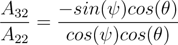 $\dfrac{A_{32}}{A_{22}} = \dfrac{-sin(\psi) cos(\theta)}{cos(\psi) cos(\theta) }$