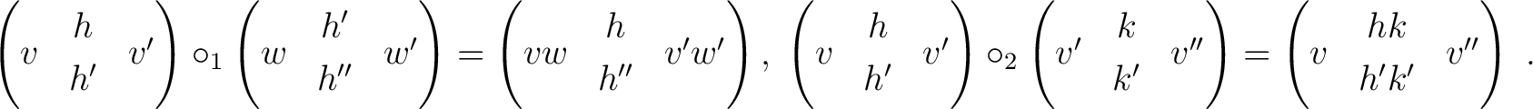 $\displaystyle \begin{pmatrix}& h& \\ [-1.1ex] v & & v'\\ [-1.1ex]& h'& \end{pma... ...}=\begin{pmatrix}& hk& \\ [-1.1ex] v & & v''\\ [-1.1ex]& h'k'& \end{pmatrix} ~.$