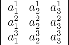 $\displaystyle \left \vert \begin{array}{ccc} a_1^1 & a_2^1 & a_3^1 \ a_1^2 & a_2^2 & a_3^2 \ a_1^3 & a_2^3 & a_3^3 \end{array} \right \vert$