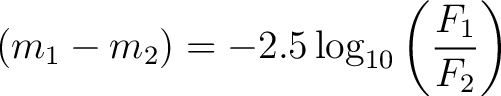 $\displaystyle \left (m_1 - m_2 \right ) = - 2.5 \log_{10}\left( \frac{F_1}{F_2} \right)$