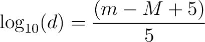 $\displaystyle \log_{10}(d) = \frac{(m - M + 5)}{5} $