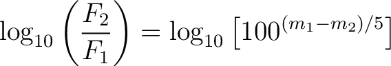 $\displaystyle \log_{10} \left( \frac{F_2}{F_1} \right) = \log_{10} \left[ 100^{(m_1-m_2) / 5} \right] $