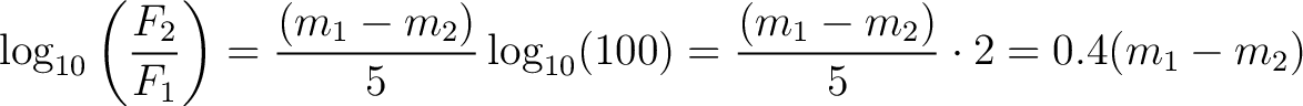 $\displaystyle \log_{10} \left( \frac{F_2}{F_1} \right) = \frac{ (m_1 - m_2)}{5} \log_{10}(100) = \frac{ (m_1 - m_2)}{5} \cdot 2 = 0.4 (m_1 - m_2)$