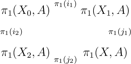 $\displaystyle \begin{xy} *!C\xybox{ \xymatrix{ {\pi_1(X_0,A)}\ar [r]^{\pi_1(i_1... ...^{\pi_1(j_1)} \ {\pi_1(X_2,A)}\ar [r]_{\pi_1(j_2)}& {\pi_1(X,A)} } } \end{xy}$