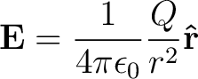 $\displaystyle \mathbf{E} = \frac{1}{4 \pi \epsilon_0}\frac{Q}{r^2}\mathbf{\hat r}$