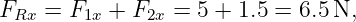 FRx  = F1x + F2x = 5 + 1.5 = 6.5N,

