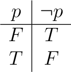 \begin{displaymath} \begin{array}{c\vert c} p & \neg p \ \hline F & T \ T & F \end{array}\end{displaymath}
