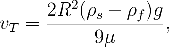 $\displaystyle v_T = \frac{2R^2(\rho_s-\rho_f)g}{9\mu}, $