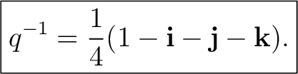 $\displaystyle \boxed{q^{-1}=\frac14(1-\mathbf i-\mathbf j-\mathbf k).} $