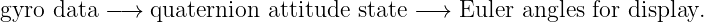 gyro data −→  quaternion attitude state − → Euler angles for display.
