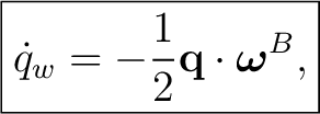 $\displaystyle \boxed{ \dot q_w=-\frac12\mathbf q\cdot\boldsymbol\omega^{B}, }$