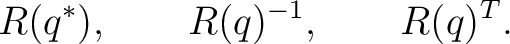 $\displaystyle R(q^*),\qquad R(q)^{-1},\qquad R(q)^T.$