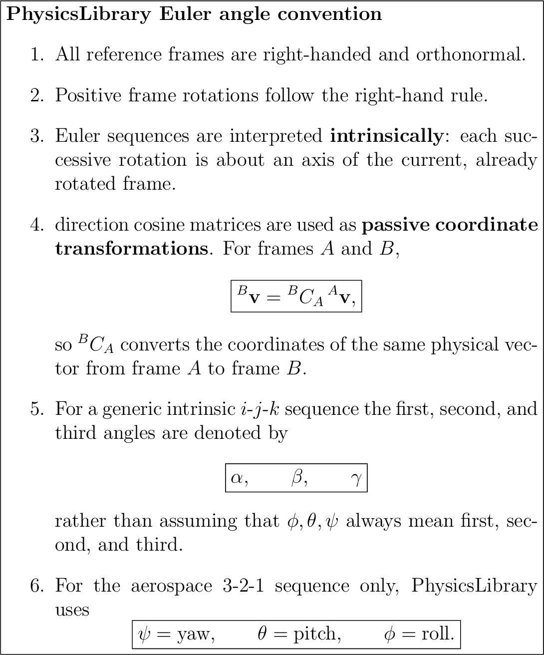 \fbox{\begin{minipage}{0.92\linewidth} \textbf{PhysicsLibrary Euler angle conven... ...pitch},\qquad \phi=\text{roll}.} \end{displaymath}\end{enumerate}\end{minipage}}