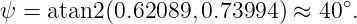                                  ∘
ψ  = atan2 (0.62089, 0.73994 ) ≈ 40 .

