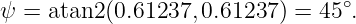 ψ = atan2 (0.61237, 0.61237 ) = 45∘.
